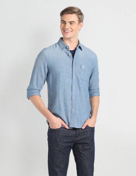 U.S. POLO ASSN. Men Washed Casual Blue Shirt