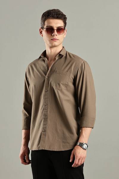 BS BLUE SQUAD Men Solid Casual Brown Shirt
