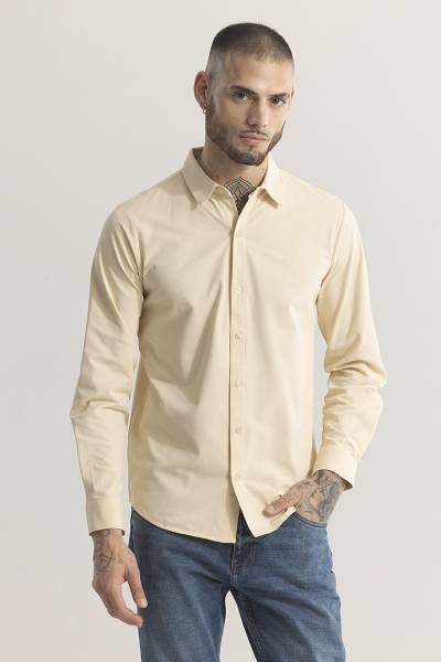 Snitch Men Solid Casual Beige Shirt