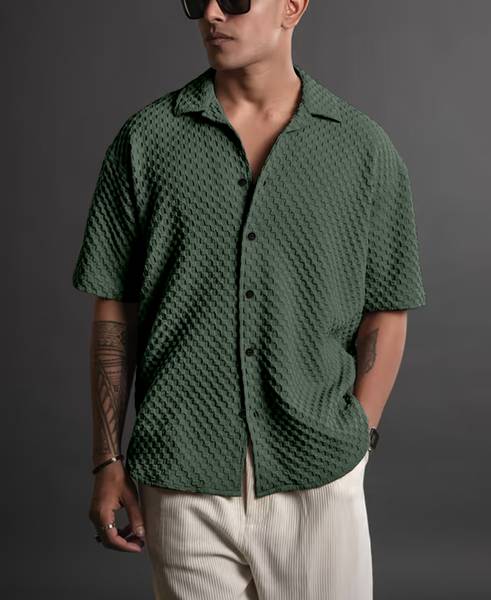 javier Men Self Design Casual Green Shirt