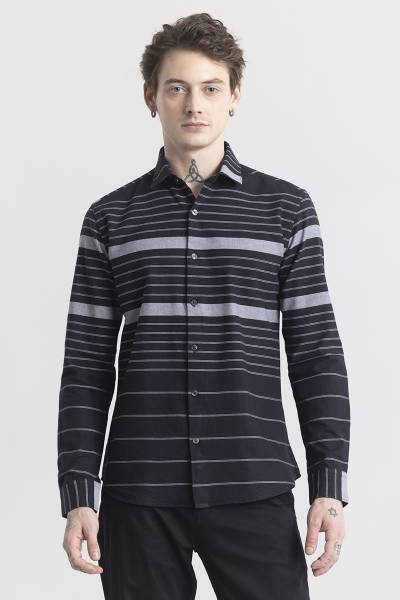 Snitch Men Striped Casual Black Shirt