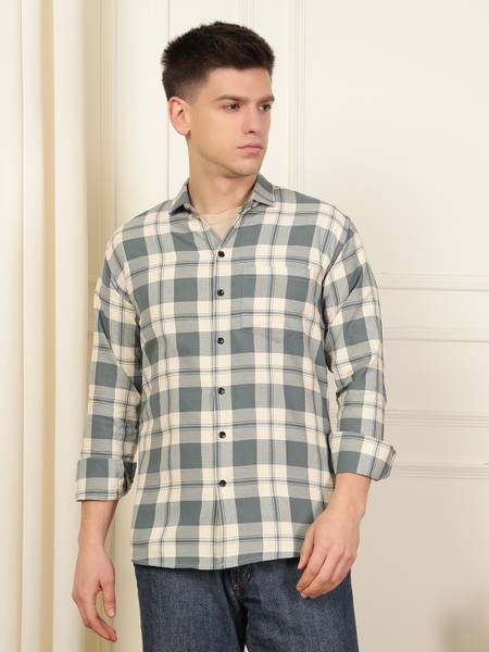 WOXEN Men Checkered Casual Grey, Cream Shirt
