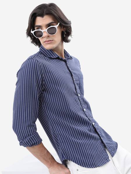HIGHLANDER Men Striped Casual Dark Blue, White Shirt