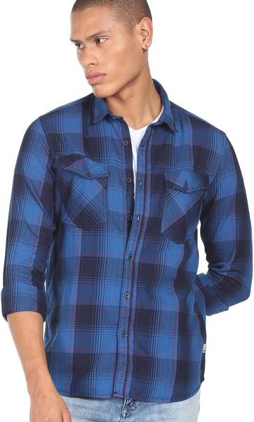 FLYING MACHINE Men Checkered Casual Blue Shirt
