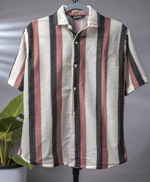 Lunice Men Striped Casual Maroon, White Shirt