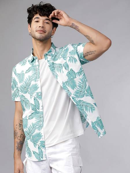 Priyashi Men Floral Print Casual Blue, White Shirt