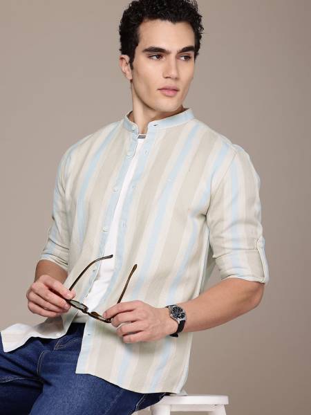 French Connection Men Self Design Casual Beige Shirt