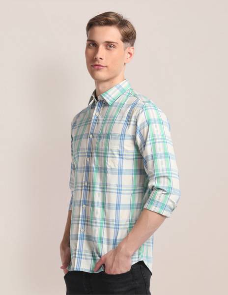 U.S. POLO ASSN. Men Checkered Casual Light Green, Light Blue, White Shirt