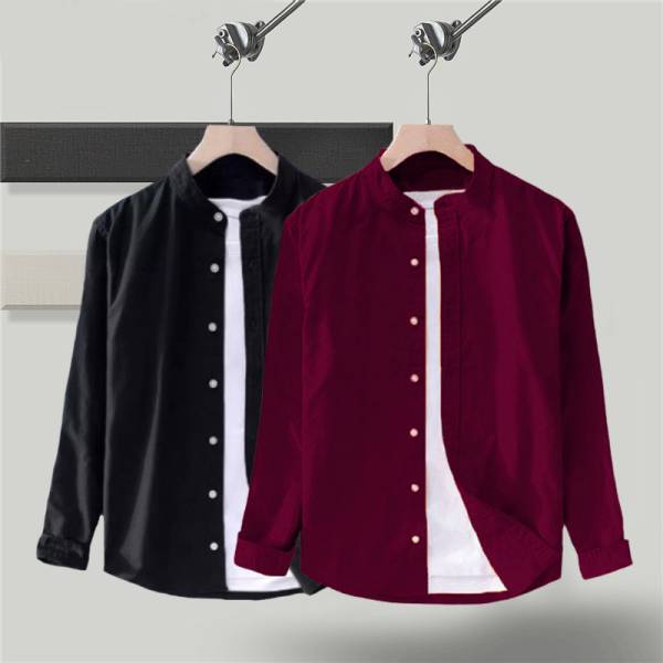 Try This Men Solid Casual Black, Maroon Shirt