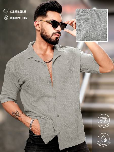 MANIAC Men Self Design Casual Grey Shirt