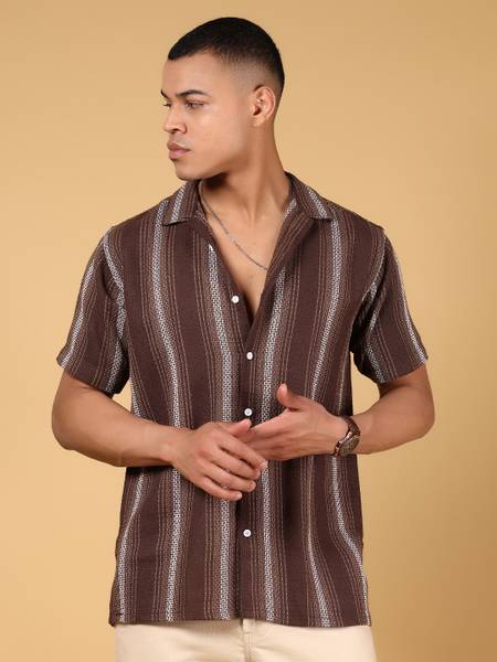 V-MART Men Striped Casual Brown Shirt