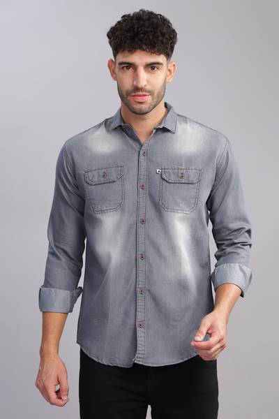 AIDAN PAUL Men Washed Casual Grey Shirt