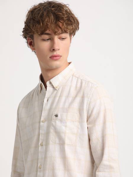 THE BEAR HOUSE Men Checkered Casual Beige Shirt