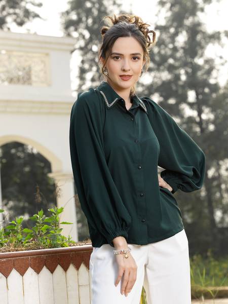 PLUSS Women Solid Casual Dark Green Shirt