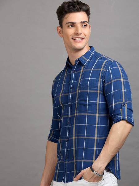 HERE&NOW Men Checkered Casual Blue Shirt