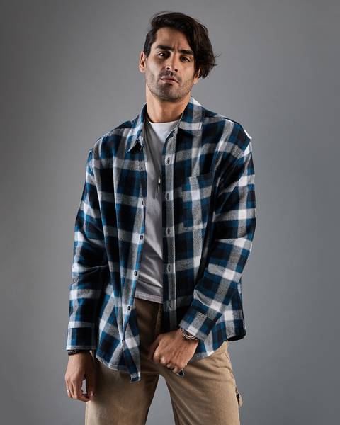 Chimpaaanzee Men Checkered Casual Blue, Dark Blue, White Shirt