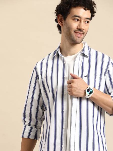 United Colors of Benetton Men Striped Casual Blue Shirt