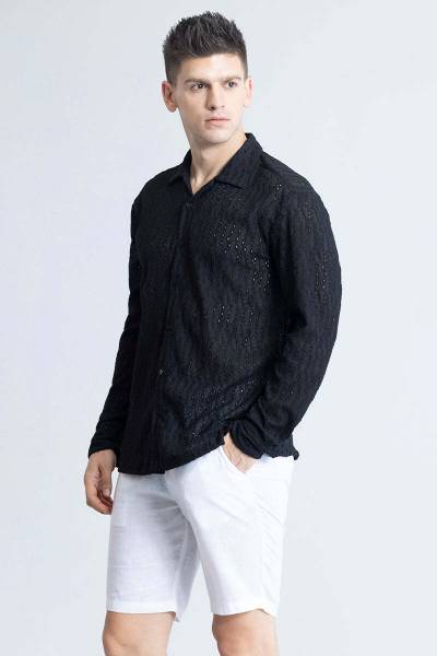 Snitch Men Self Design Casual Black Shirt