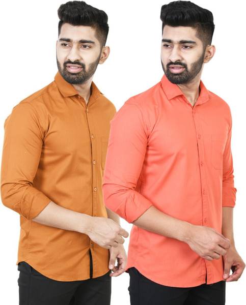 Feel high Men Solid Casual Brown, Orange Shirt