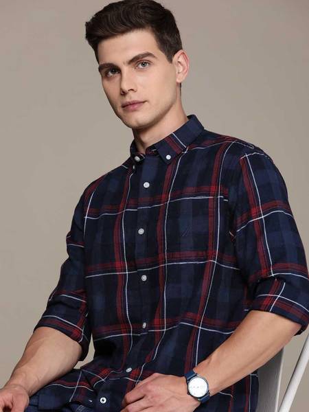 NAUTICA Men Checkered Casual Dark Blue, White, Maroon Shirt