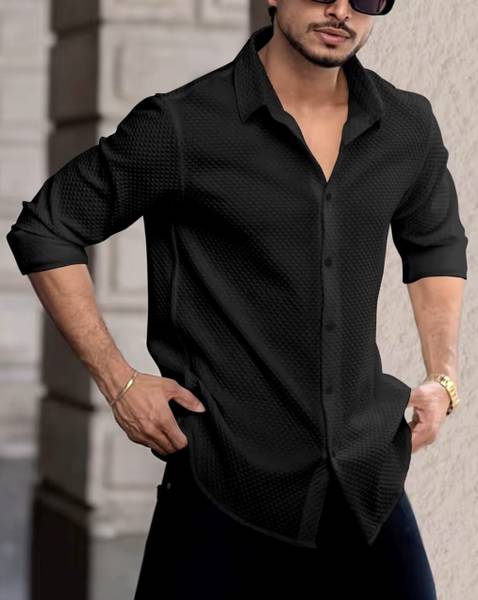 JACKBELLA Men Self Design Casual Black Shirt
