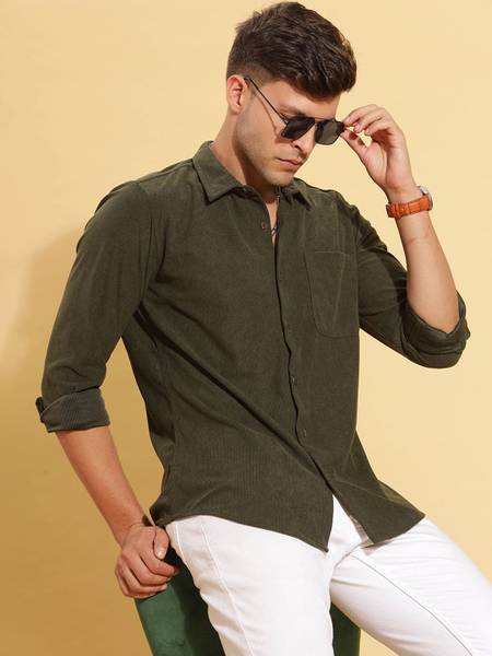 HERE&NOW Men Solid Casual Green Shirt