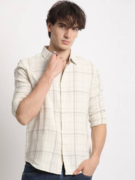 THE BEAR HOUSE Men Checkered Casual White Shirt