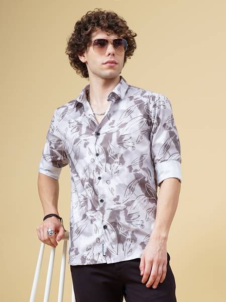 Paul Street Men Floral Print Casual Beige Shirt