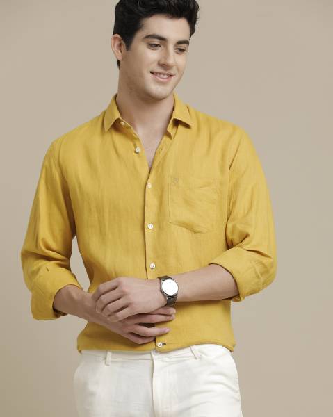 Linen Club Men Self Design Casual Yellow Shirt