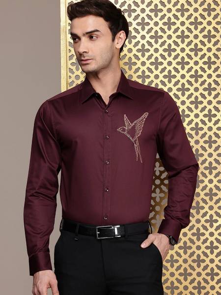 House of Pataudi Men Solid Party Brown Shirt