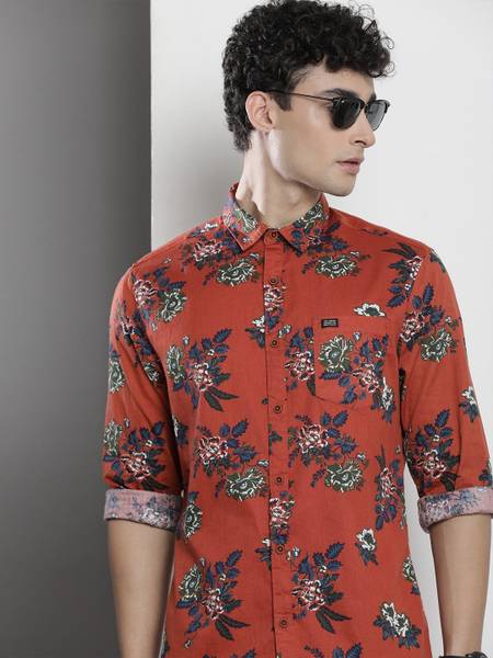 The Indian Garage Co. Men Floral Print Casual Orange Shirt
