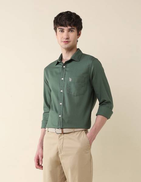U.S. POLO ASSN. Men Solid Casual Light Green Shirt