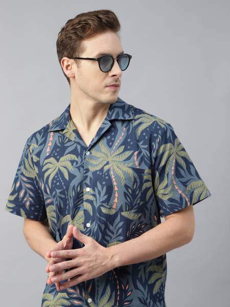 Hancock Men Printed Casual Dark Blue Shirt