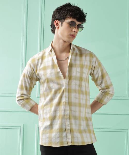 WOXEN Men Checkered Casual Yellow Shirt