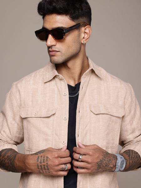 Roadster Men Self Design Casual Beige Shirt