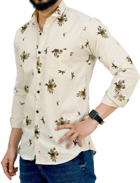 Studio-9 Men Floral Print Casual Cream Shirt