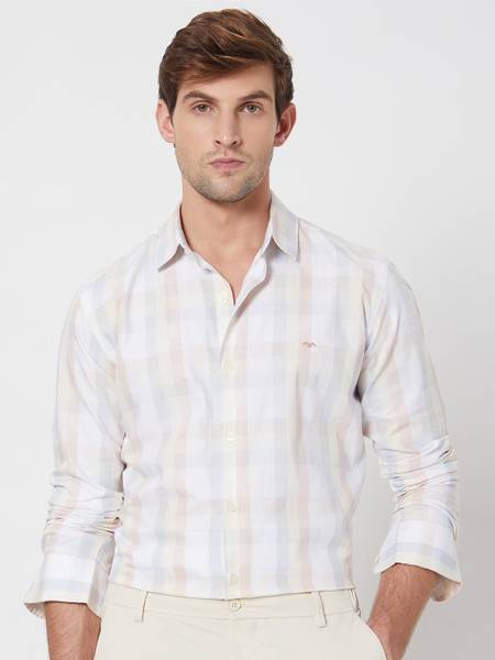 MUFTI Men Checkered Casual White, Light Blue, Beige Shirt