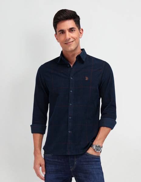 U.S. POLO ASSN. Men Self Design Casual Blue Shirt
