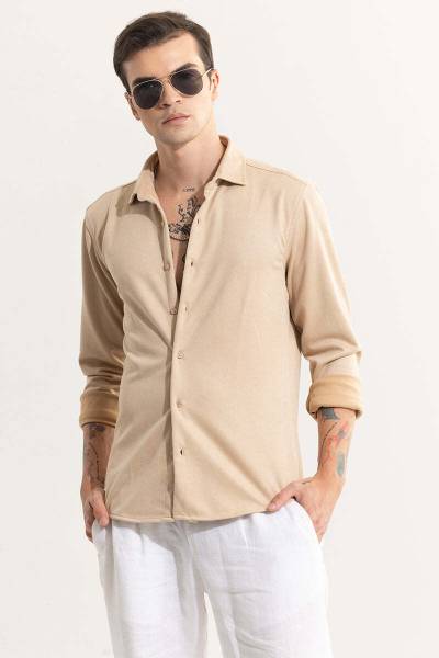Snitch Men Solid Casual Beige Shirt
