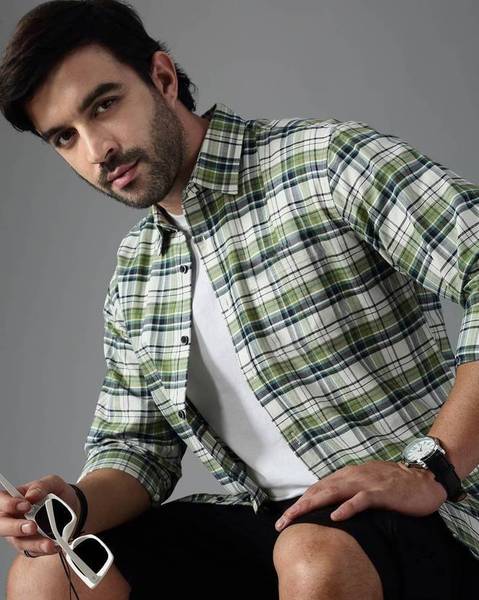Jai Textiles Men Checkered Casual Green, White Shirt