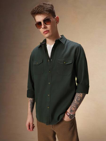 Dennis Lingo Men Solid Casual Dark Green Shirt