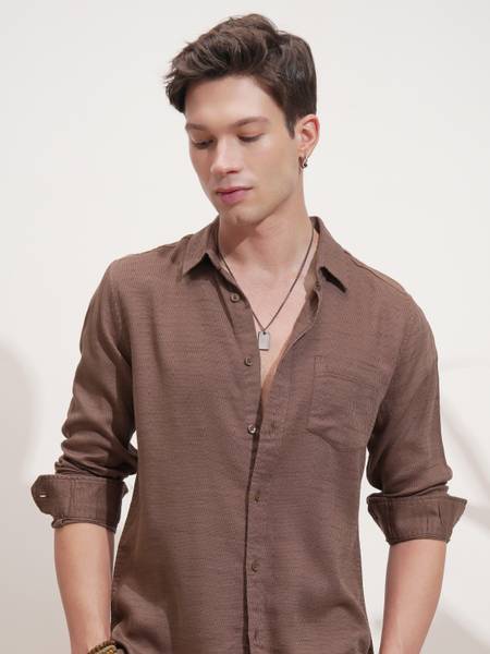 HIGHLANDER Men Self Design Casual Brown Shirt
