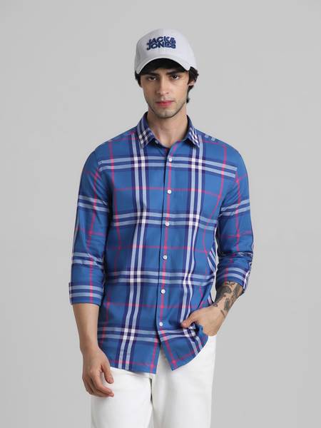 JACK & JONES Men Checkered Casual Blue Shirt