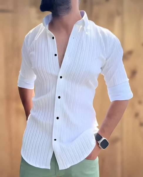 DEEMOON Men Striped Casual White Shirt