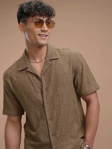 HIGHLANDER Men Self Design Casual Brown Shirt