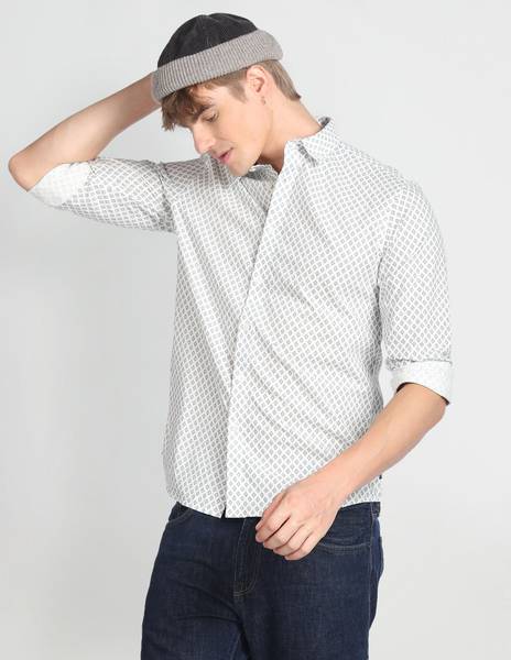 FLYING MACHINE Men Printed Casual White, Black Shirt