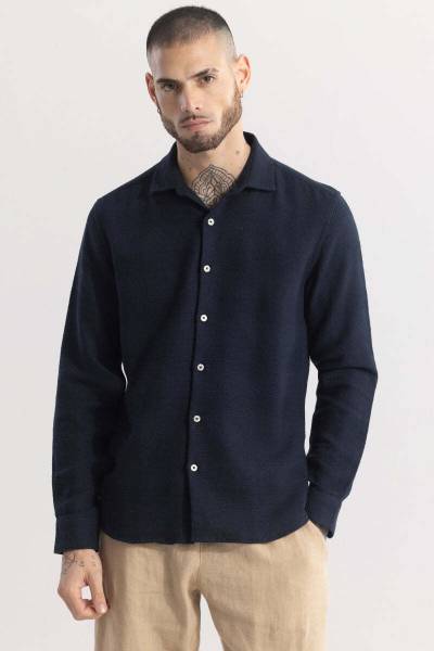 Snitch Men Self Design Casual Dark Blue Shirt