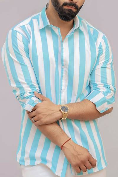HKV FASHION Men Striped Casual Light Blue Shirt