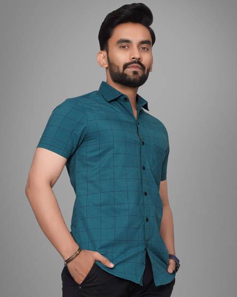 METRONAUT Men Solid, Checkered Casual Dark Green Shirt