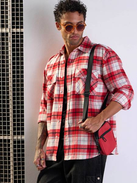MASCLN SASSAFRAS Men Checkered Casual Red Shirt